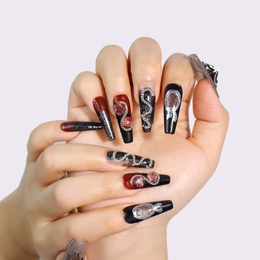 Crimson Web Long Squoval Nails